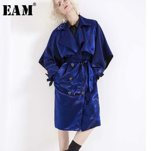 

eam] 2019 new spring lapel long sleeve black waist bandage loose big size windbreaker women coat fashion tide jh334, Tan;black