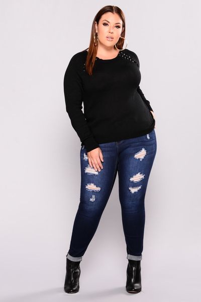 

womensextra large size with holes and slim high stretch jeans, Blue