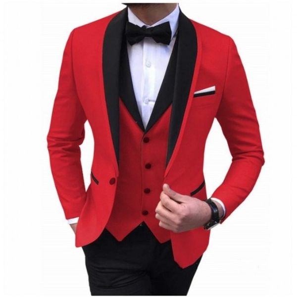 Marca New Red noivo smoking preto xaile lapela Groomsmen Mens Wedding Dress Man Moda Jacket Blazer 3piece Suit (Jacket + Calças + Vest + Tie) 210