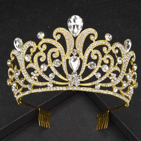

2019 new fashion with comb bride crystal crown baroque wedding hair accessories princess banquet rhinestone headdress, Golden;white