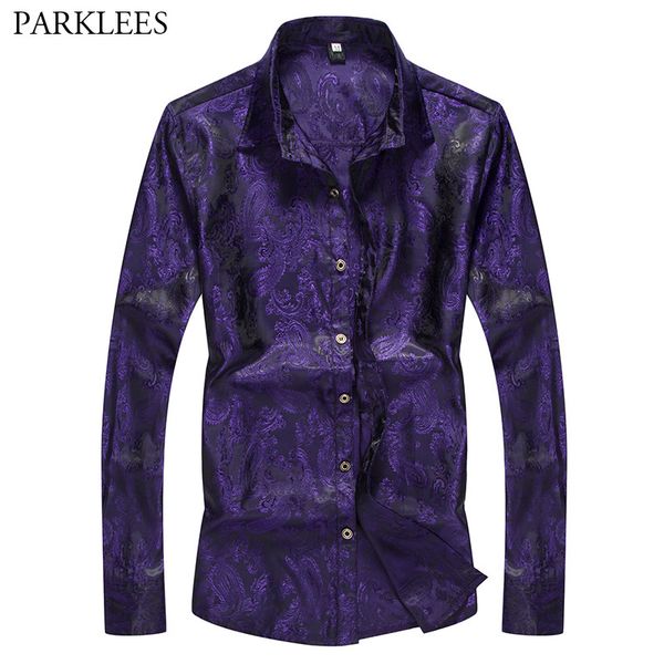 

purple paisley floral shirt men 2018 brand new slim fit long sleeve casual button down dress shirts men party perform shirt male, White;black