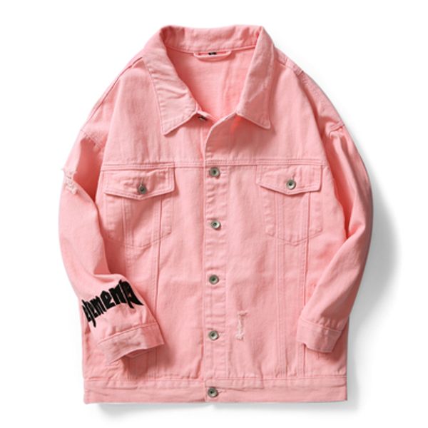

2019 spring garment washed men pink white black letter hip hop washed jeans jacket streetwear motorcycle denim jackets coat, Black;brown