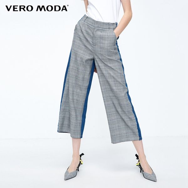 

2019 new arrivals women's denim splice plaid print wide-leg casual pants | 318449510, Blue