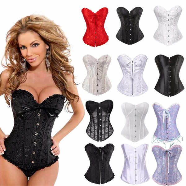 

satin women steampunk clothing gothic plus size corsets lace up boned overbust bustier waist cincher body shaper corselet, Black;white