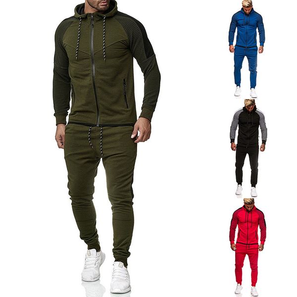 

men's tracksuits european size autumn winter striped stitching cardigan sweater stitching sweatpants men's two-pieces suit -2xl w, Gray