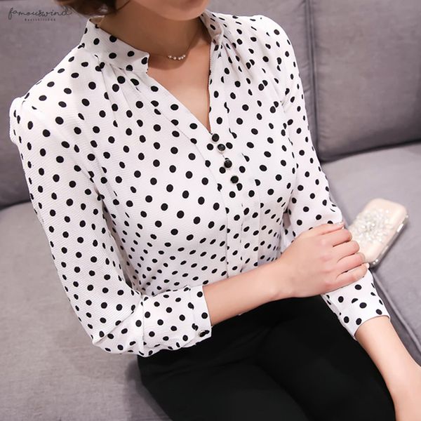 

весна женщины с длинным рукавом новые блузки с длинным рукавом повседневная мода женщины рубашки офиса шифон печати dot топы женской одежды, White
