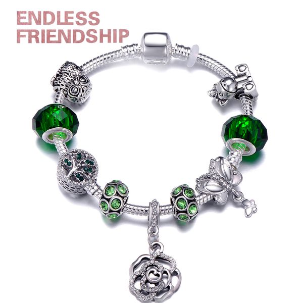 

endless green crystal flower charm bracelet unicorn owl tree of life green crystal beads bracelets for women jewelry diy jewelry, Golden;silver