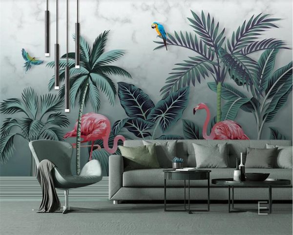 Beibehang mural papel de parede moderno minimalista mão desenhada tropical tropical floresta flamingo decoração pintura de parede papéis de parede