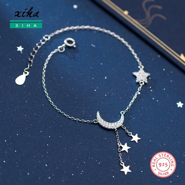 

cresent moon and stars crystal bracelets with charms cubic zirconia adjustable 925 sterling silver bracelet for women girls kids, Golden;silver