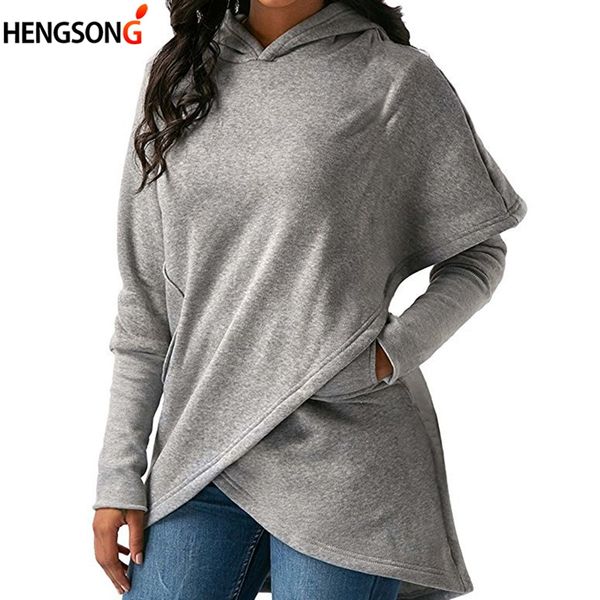 

autumn hoody women hoodies fashion irregular hem laple hooded sweatshirt long sleeve pockets casual loose pullovers outwear, Black