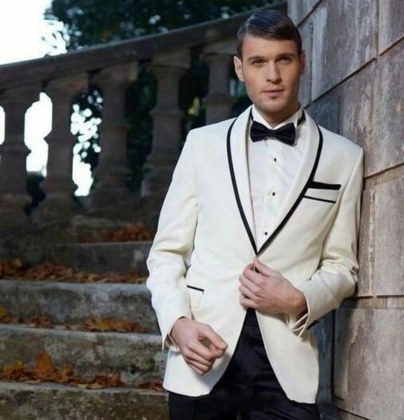 

custom ivory men suits wedding groom tuxedos black shawl lapel single breasted slim fit man blazer wear 2piece coat pants evening party, Black;gray