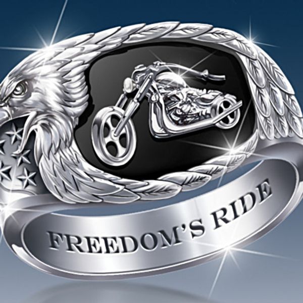 

ide motorcycle men's rings ring carved black beak and the stars and stripes pattern punk jewelry, Silver