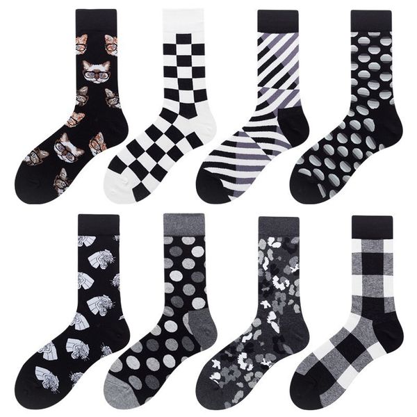 

harajuku style men socks black white plaid dot cat pattern happy socks new hip hop combed cotton calcetines 2pcs=1pairs