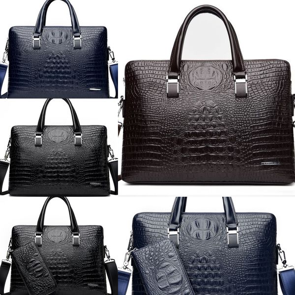 

men's crocodile computer lappattern double pull hand bag men's business briefcase diagonal single shoulder computer bag, White