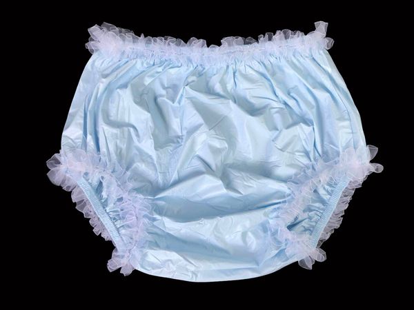 

abdl incontinence pull-on plastic pants lace panties color baby blue with white lace