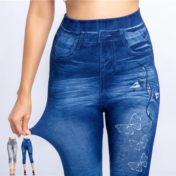 

2020 summer woman legging imitation denim leggings lady high-waisted butterfly print high elastic slim seven leggings femme, Black