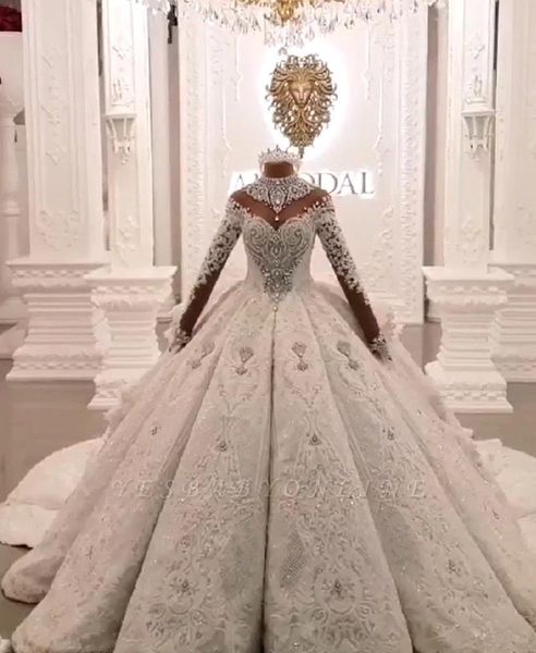 

ball gown wedding dresses dubai modest high neck long sleeves lace appliques ball gown wedding dresses bridal gowns vestidos de novia, White