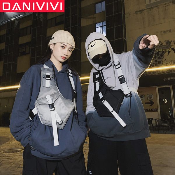 

men tactical reflective chest bags fashion function fanny packs streetwear hip hop bag adjustable nylon cloth waist bag