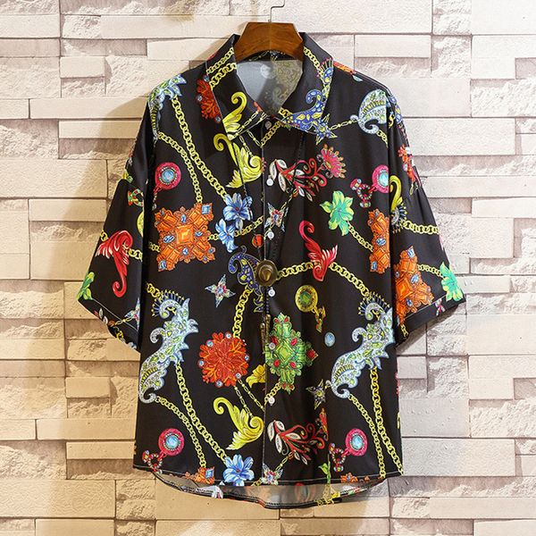 

hawaiian printed short sleeve shirt men camisa casual men's shirt streetwear loose beachwear buttons blouse camisa masculina, White;black