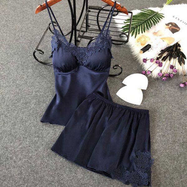

daeyard sleep lounge satin sleepwear pajamas women summer pyjamas lace and shorts 2pcs pajama set nightie home clothes, Black;red