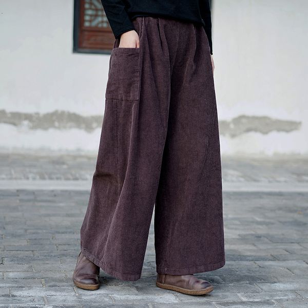 

nini wonderland autumn winter corduroy wide leg pants women loose pocket casual pants solid vintage retro trousers elastic waist, Black;white