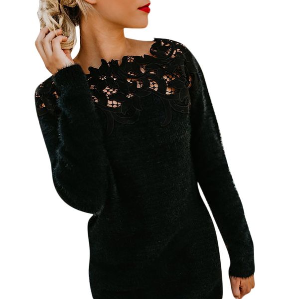 

2019 womens casual polyester broadcloth shits long sleeve solid lace patchwork fluffy pullover blouse, White;black
