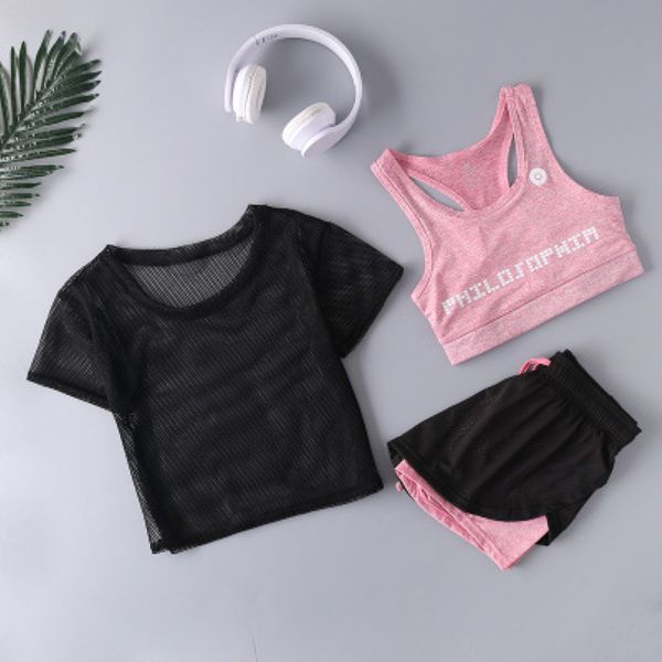 

yoga clothing 3 piece set fitness sports suit running sports slim short sleeve shorts fake two shorts female exercise gym, White;red