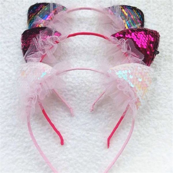

10pcs/lot fashion sequins cute cat ears hairband for girls kids lace headband princess hair accessories party gift, Slivery;white