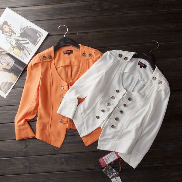 

2019 new solid color white orange chiffon o neck women cardigan 3/4 sleeve elegant button female jacket lady office wear n43, Tan;black