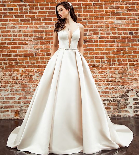 Discount A Line Wedding Dresses Plunging Neckline Beaded Waist