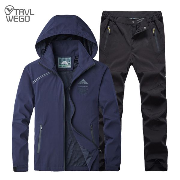 

trvlwego men spring autumn fishing hiking camping sport suit women outdoor climbing waterproof jackets + quick dry trousers set, Blue;black