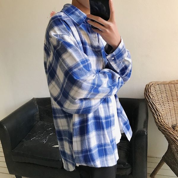 

spring new plaid shirt men fashion retro casual shirt man streetwear trend wild long-sleeved male clothes cotton, White;black