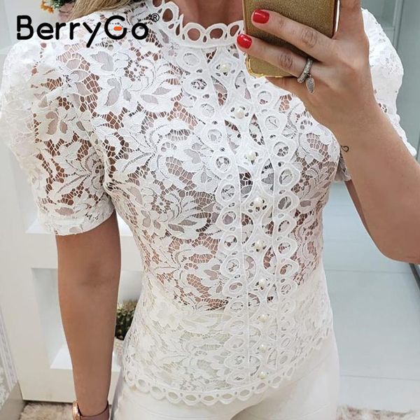 

berrygo выдалбливают вышивка кружева блузка женщины слоеного рукава старинные женские топ рубашки элегантный раффлед кнопка партии дамы топы, White