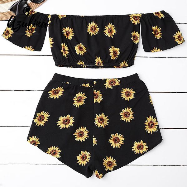 

casual 2 two piece set women sunflower print summer off the shoulder crop shorts zipper 2018 beachwear women set, Gray