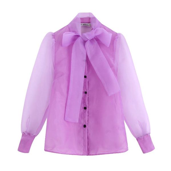

women solid bow tie collar blouse lantern sleeve office wear shirt see through blusas, White