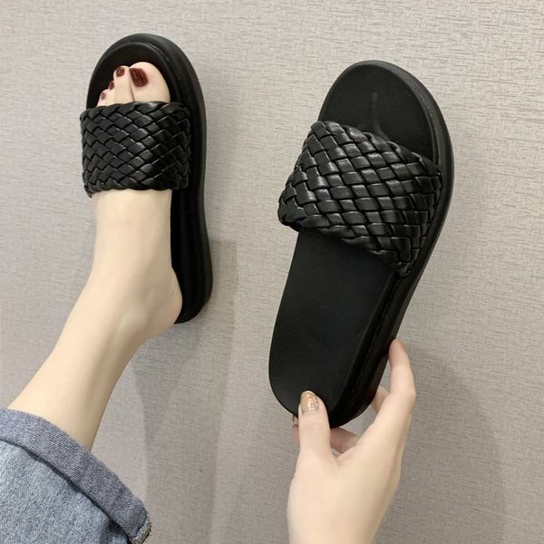 

тапочки summer flat aardimi платформа shallow женщины с твердой обувью для женщин weave дышащих слайдов женского шлепанцы 2020, Black