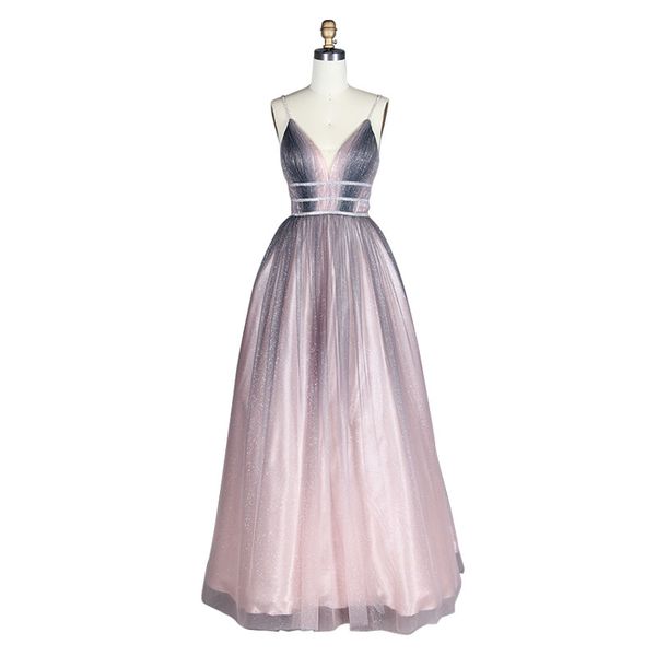 

2019 formal evening gown long women's pink gradient v-neck sleeveless luxury tulle ball floor length empire evening dress, White;black