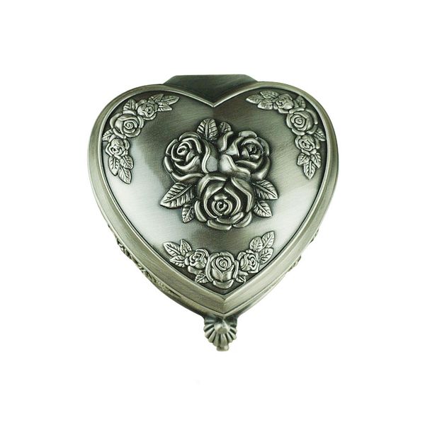 Herz-Schmuckkästchen mit Rosendekor, antikes Silber, Metall, Liebes-Schmuckaufbewahrung, Andenkenetui für Schatz, Ring, Ohrringe, Vintage-Hochzeitsgeschenke