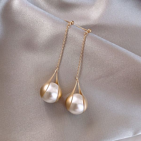 

dominated contracted fashion metal long tassels pearl ball design drop earrings women korean temperament new joker earrings, Silver