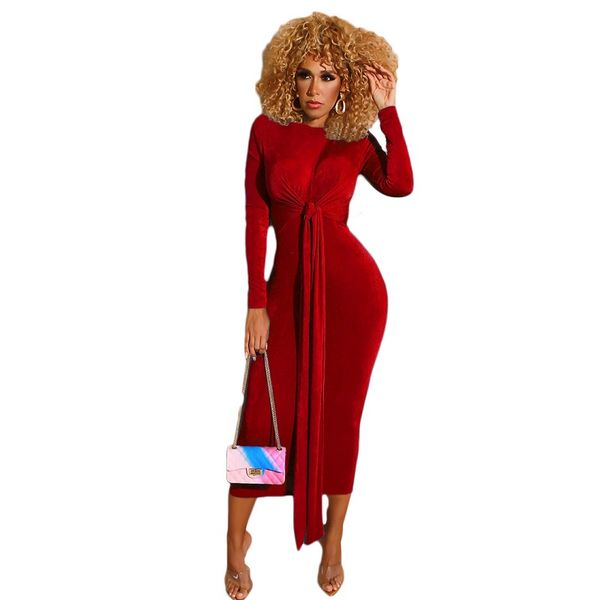 

new autumn design women pure color o neck long sleeve lace-up sheath skinny ankle-length dresses robe 3 color a8190g, Black;gray