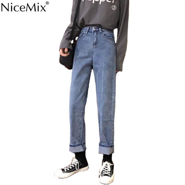 

nicemix loose vintage jeans women ankle-length pants casual high waist wide leg jeans woman boy friend denim jean vaqueros mujer, Blue