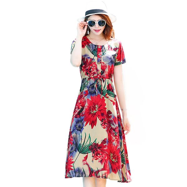 

women summer dress 2019 bohemian floral o-neck beach dress sundress dresses female vestidos party 5xl, Black;gray