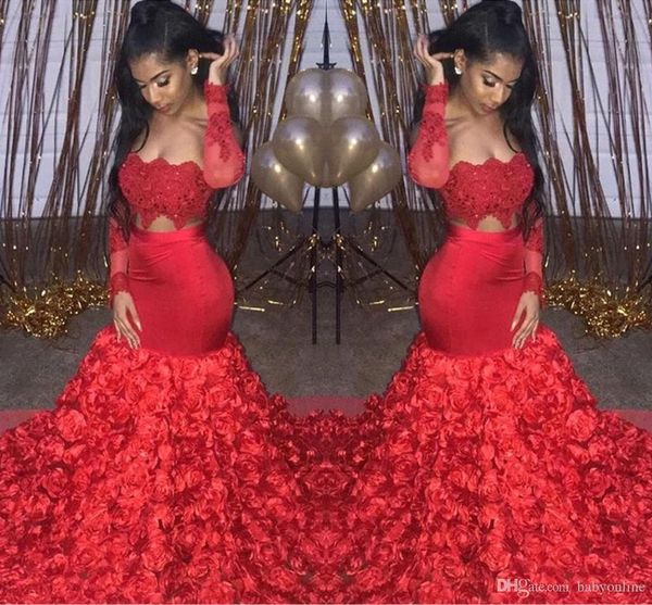 

2019 cascading rose flowers red mermaid prom dresses sheer long sleeve appliques long evening gowns elegant formal dresses, Black