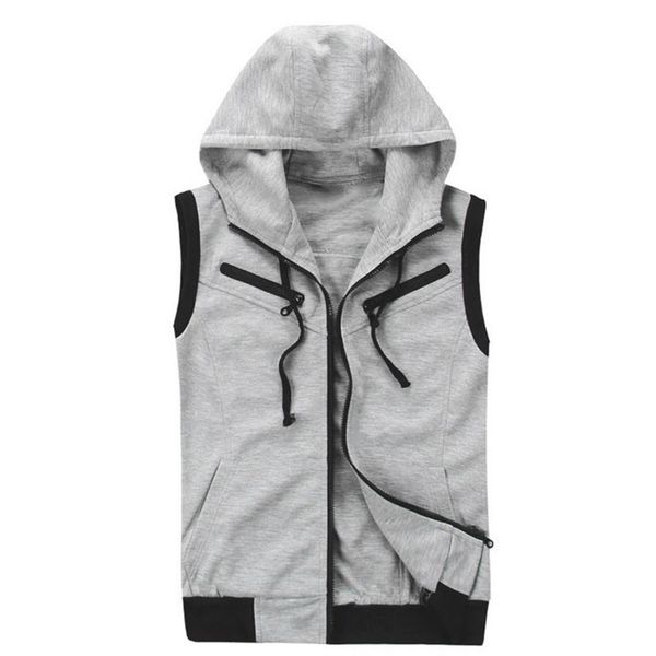 

new men's monochromatic hooded vest zipper pocket sleeveless vest jacket, Black;white