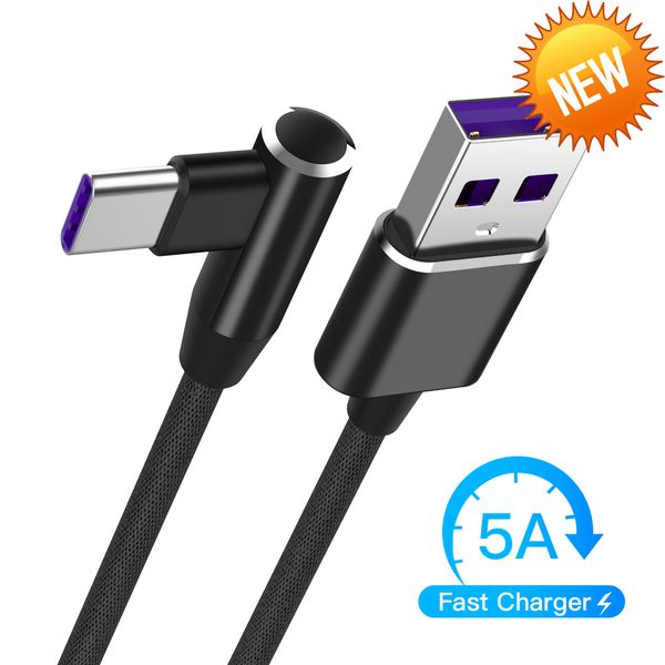 

90 degree usb type c data cable 5a usb-c cable type-c super fast charging cord for huawei p10 p20 pro mate 9 10 pro type c cable