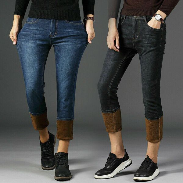 Mens inverno jeans calças jeans lã alinhada calças de perna reta quente engrossar calças compridas plus size nyz shop