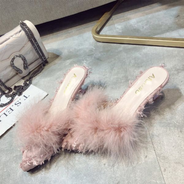 

high-heeled women's shoes 2019 autumn new net red slim high-heeled baotou pointed lazy half slippers, Black