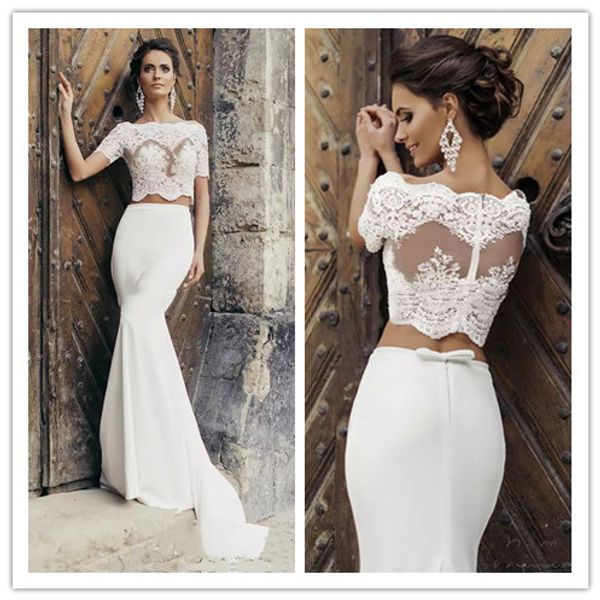 

2019 chic crop mermaid wedding dresses illusion bodice short sleeves two piece wedding dresses vintage beach bridal dresses with jacket, White