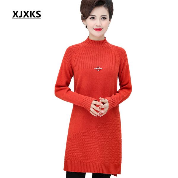 

xjxks 2019 winter new high-end 100% wool knitted dress women pullover loose plus size comfortable women long sweater, White;black