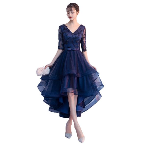 

high low cocktail dress 2020 navy blue lace party dresses short front long back prom gowns, Black